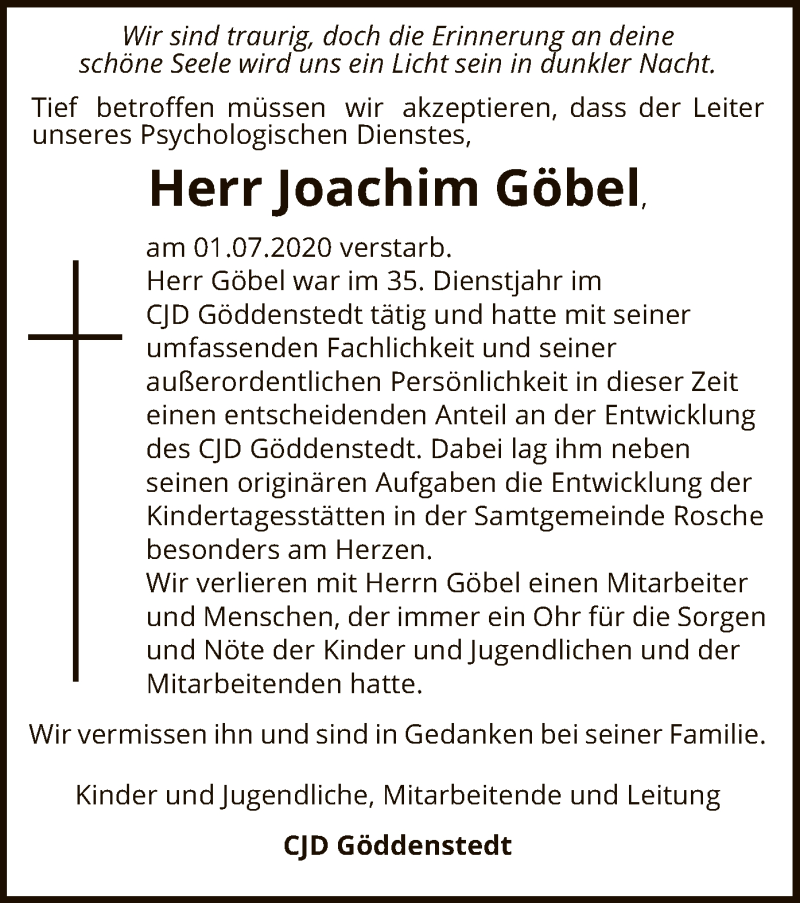  Traueranzeige für Joachim Göbel vom 11.07.2020 aus UEL