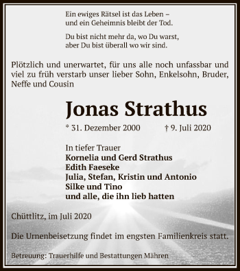 Traueranzeige von Jonas Strathus von UEL