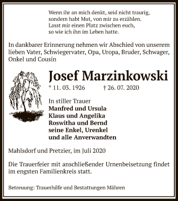 Traueranzeige von Josef Marzinkowski von UEL