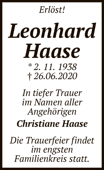 Traueranzeige von Leonhard Haase von UEL