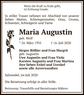 Traueranzeige von Maria Augustin von UEL