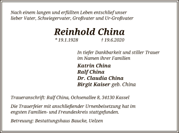 Traueranzeige von Reinhold China von UEL