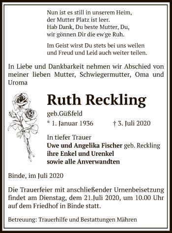 Traueranzeige von Ruth Reckling von UEL