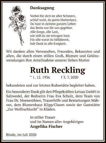 Traueranzeige von Ruth Reckling von UEL