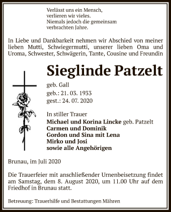 Traueranzeige von Sieglinde Patzelt von UEL