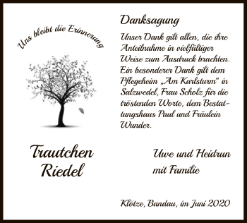 Traueranzeige von Trautchen Riedel von UEL