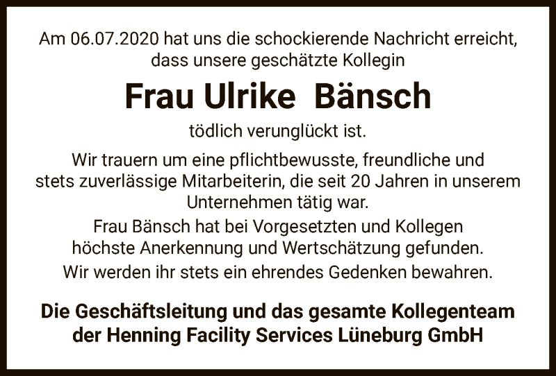  Traueranzeige für Ulrike Bänsch vom 11.07.2020 aus UEL