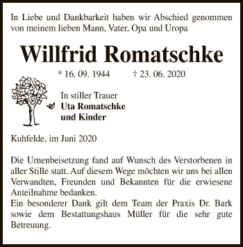 Traueranzeige von Willfrid Romatschke von UEL