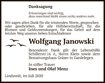 Traueranzeige von Wolfgang Janowski von UEL