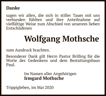 Traueranzeige von Wolfgang Mothsche von UEL