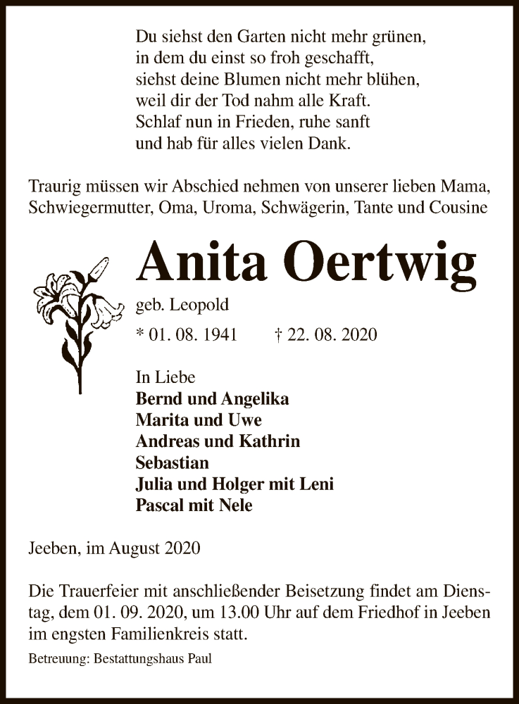  Traueranzeige für Anita Oertwig vom 26.08.2020 aus UEL