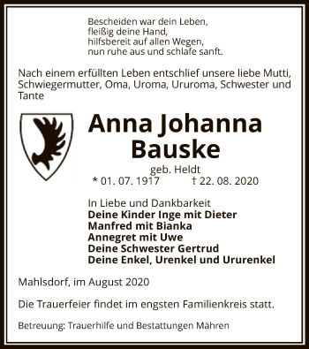 Traueranzeige von Anna Johanna Bauske von UEL