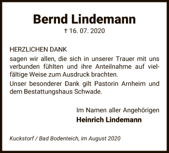 Traueranzeige von Bernd Lindemann von UEL