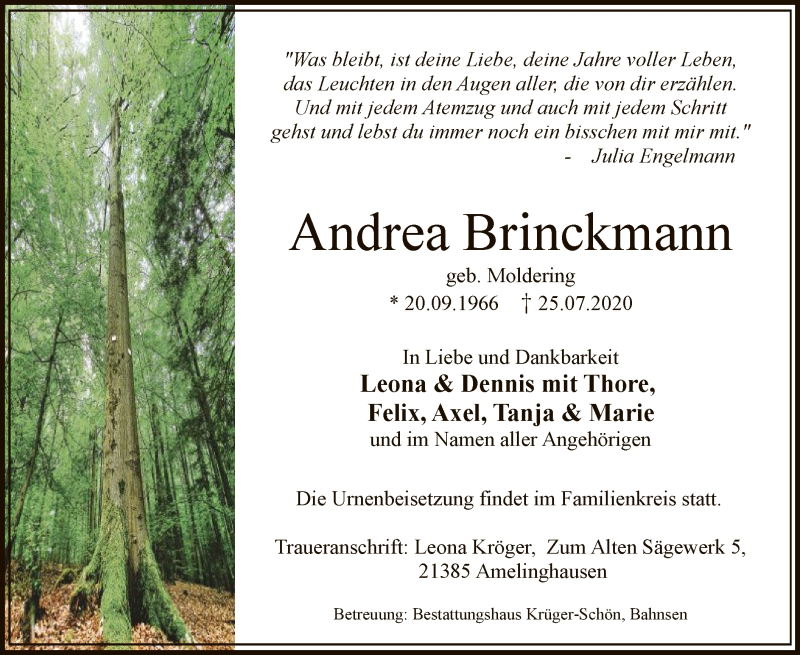  Traueranzeige für Andrea Brinckmann vom 01.08.2020 aus UEL
