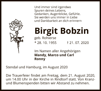Traueranzeige von Birgit Bobzin von UEL