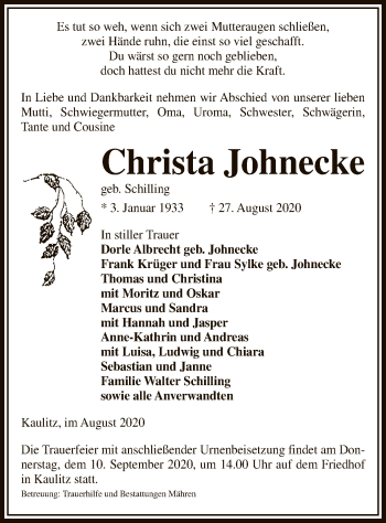 Traueranzeige von Christa Johnecke von UEL