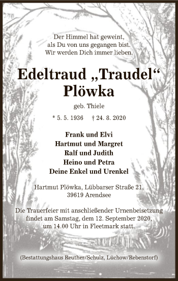 Traueranzeige von Edeltraud Plöwka von UEL