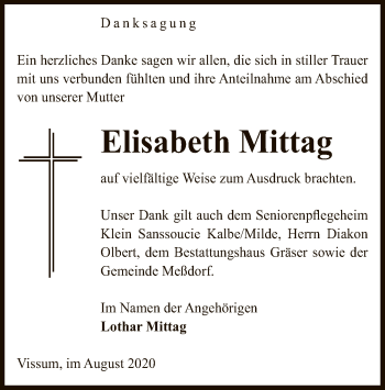 Traueranzeige von Elisabeth Mittag von UEL