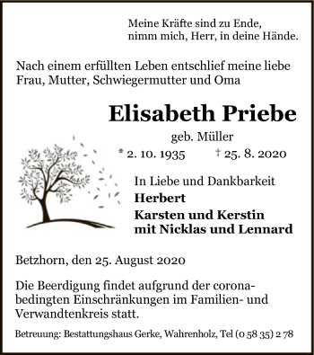 Traueranzeige von Elisabeth Priebe von UEL