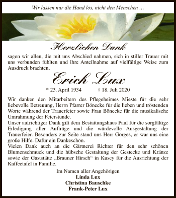 Traueranzeige von Erich Lux von UEL