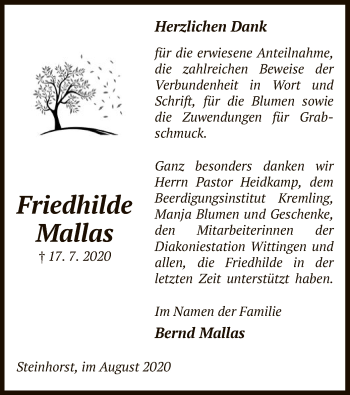 Traueranzeige von Friedhilde Mallas von UEL