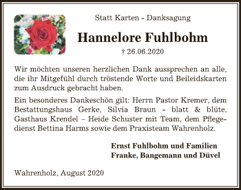 Traueranzeige von Hannelore Fuhlbohm von UEL
