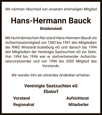 Traueranzeige von Hans-Hermann Bauck von UEL