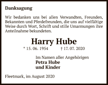 Traueranzeige von Harry Hube von UEL