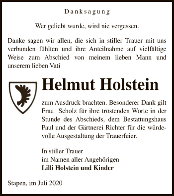 Traueranzeige von Helmut Holstein von UEL