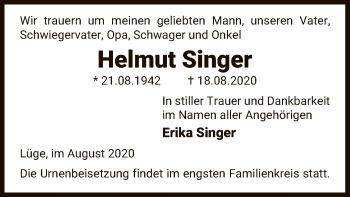 Traueranzeige von Helmut Singer von UEL