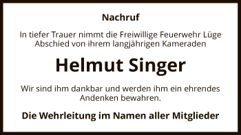 Traueranzeige von Helmut Singer von UEL