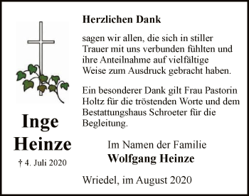 Traueranzeige von Inge Heinze von UEL