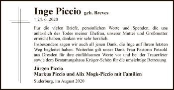 Traueranzeige von Inge Piccio von UEL