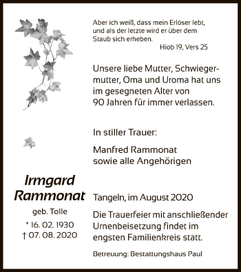 Traueranzeige von Irmgard Rammonat von UEL