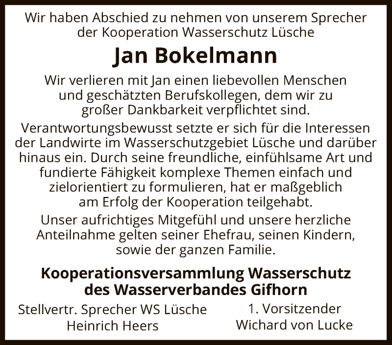  Traueranzeige für Jan Bokelmann vom 13.08.2020 aus UEL