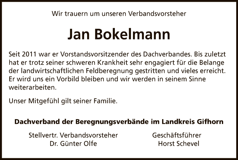  Traueranzeige für Jan Bokelmann vom 10.08.2020 aus UEL