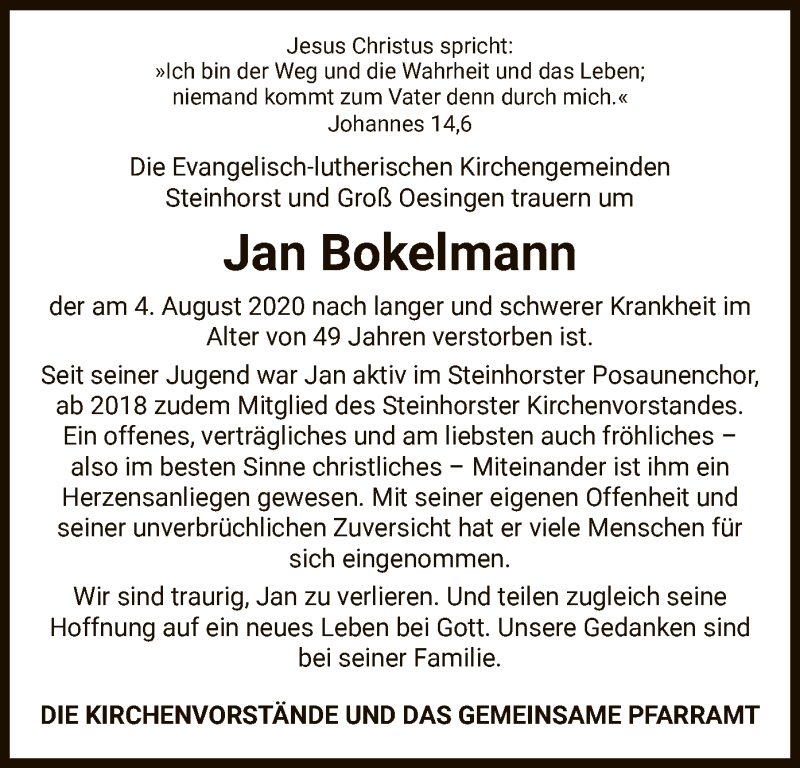  Traueranzeige für Jan Bokelmann vom 08.08.2020 aus UEL