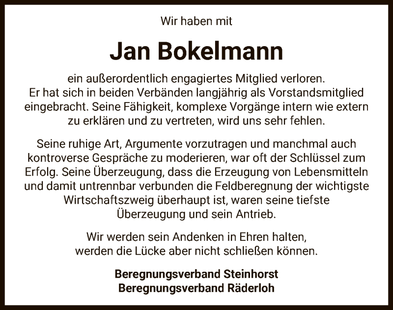  Traueranzeige für Jan Bokelmann vom 08.08.2020 aus UEL