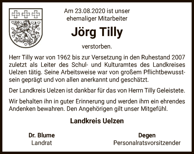  Traueranzeige für Jörg Tilly vom 29.08.2020 aus UEL