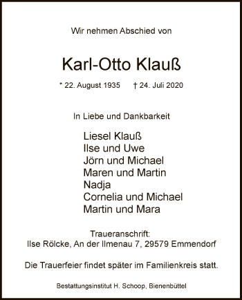 Traueranzeige von Karl-Otto Klauß von UEL