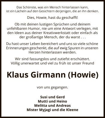 Traueranzeige von Klaus Girmann von UEL