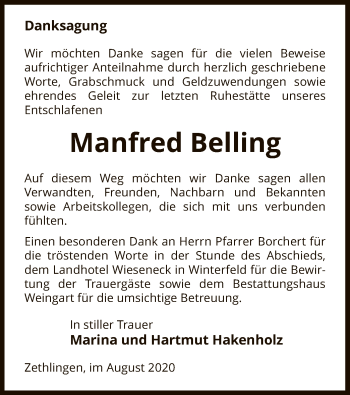 Traueranzeige von Manfred Belling von UEL