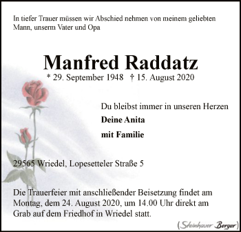 Traueranzeige von Manfred Raddatz von UEL