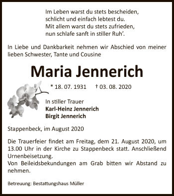 Traueranzeige von Maria Jennerich von UEL