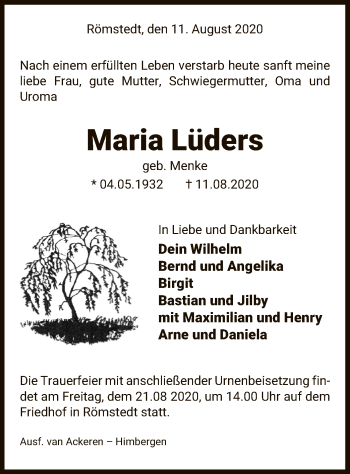 Traueranzeige von Maria Lüders von UEL