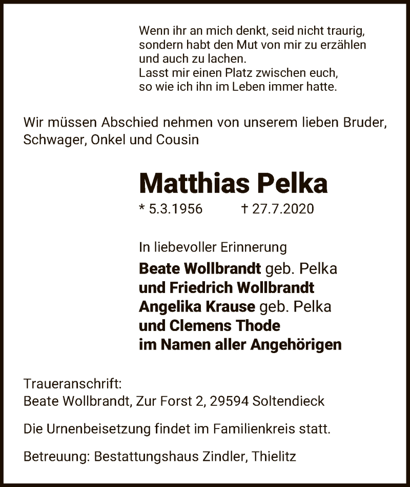  Traueranzeige für Matthias Pelka vom 01.08.2020 aus UEL