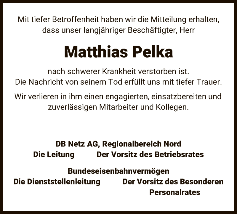 Traueranzeige für Matthias Pelka vom 08.08.2020 aus UEL