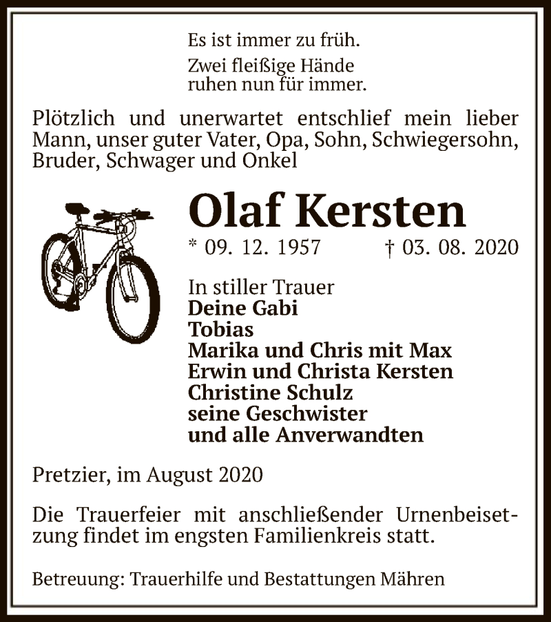  Traueranzeige für Olaf Kersten vom 05.08.2020 aus UEL