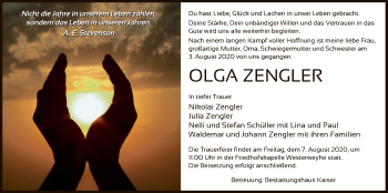 Traueranzeige von Olga Zengler von UEL