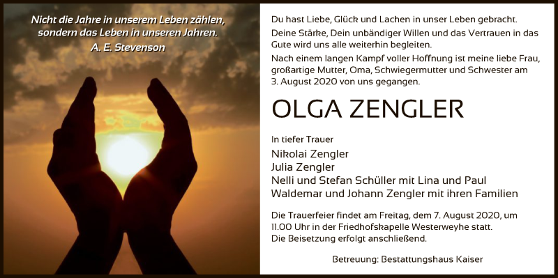  Traueranzeige für Olga Zengler vom 05.08.2020 aus UEL